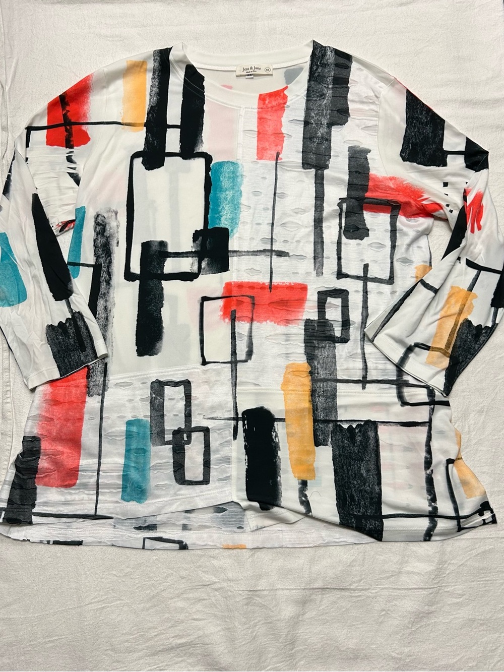 Jess & Jane Womens XL Abstract Art Burnout Top White Multicolor Made in USA
